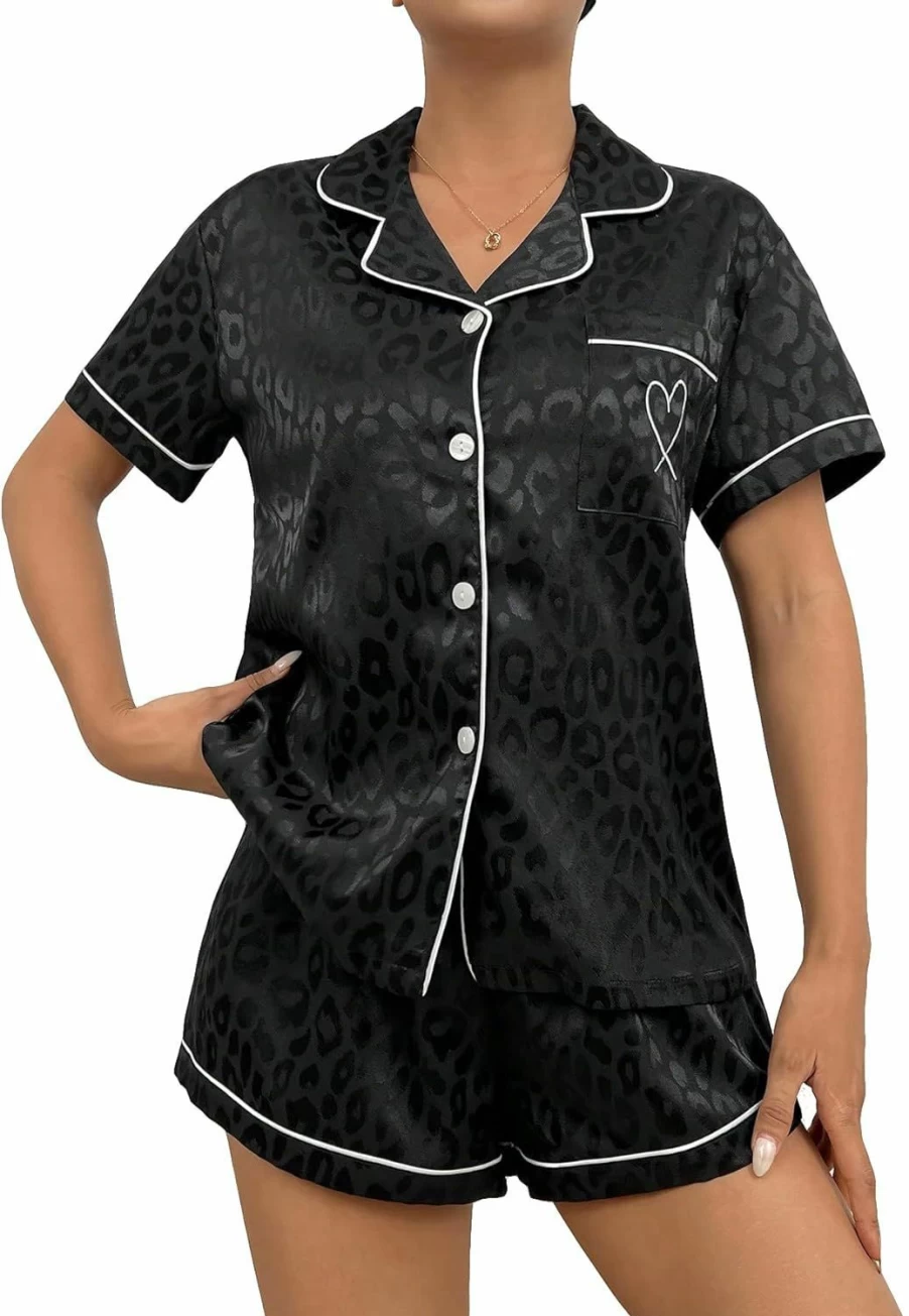 SweatyRocks Women's Satin Pajama Set - Short Sleeve Button Down Sleepwear 2 Piece Lounge Set