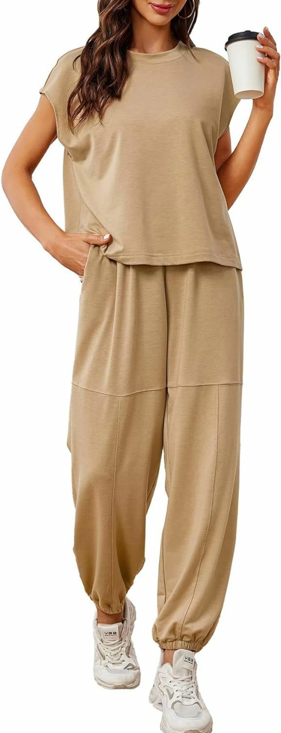 Glamaker Women's 2 Piece Tracksuit Set - Sleeveless Crewneck Top & High Waist Loose Fit Pants, Casual Summer Outfit