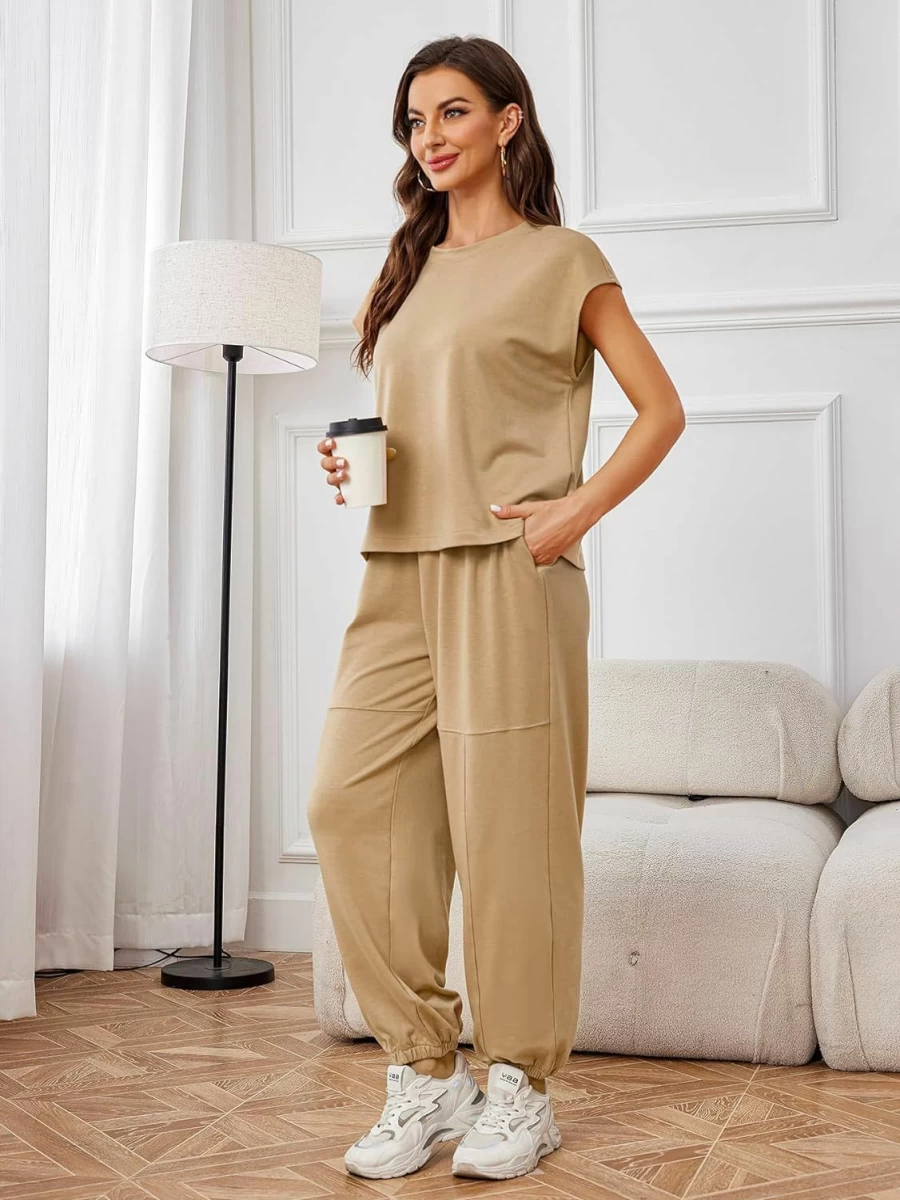Glamaker Women's 2 Piece Tracksuit Set - Sleeveless Crewneck Top & High Waist Loose Fit Pants, Casual Summer Outfit