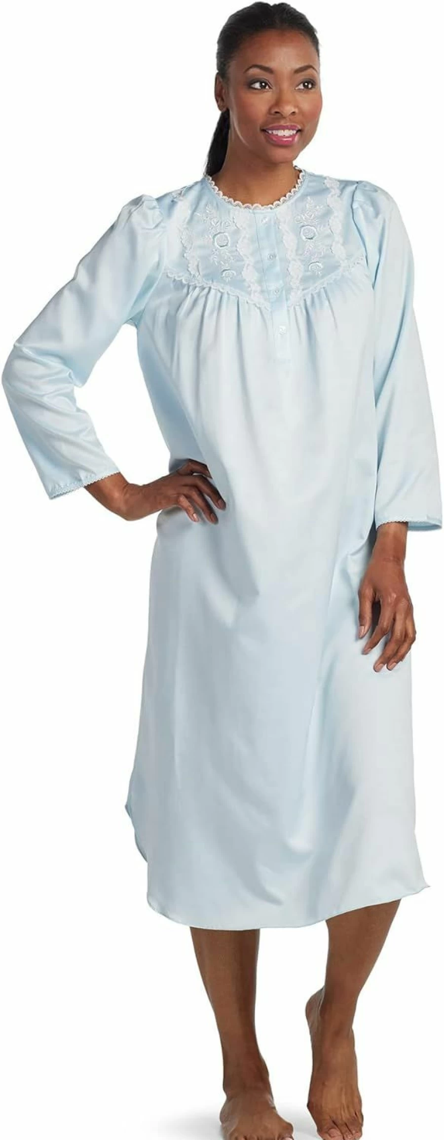 Miss Elaine Brushed Satin Long Nightgown with Button Top & Neckline Details - Women's Elegant Sleepwear & Loungewear Long Sleeve Nightdress