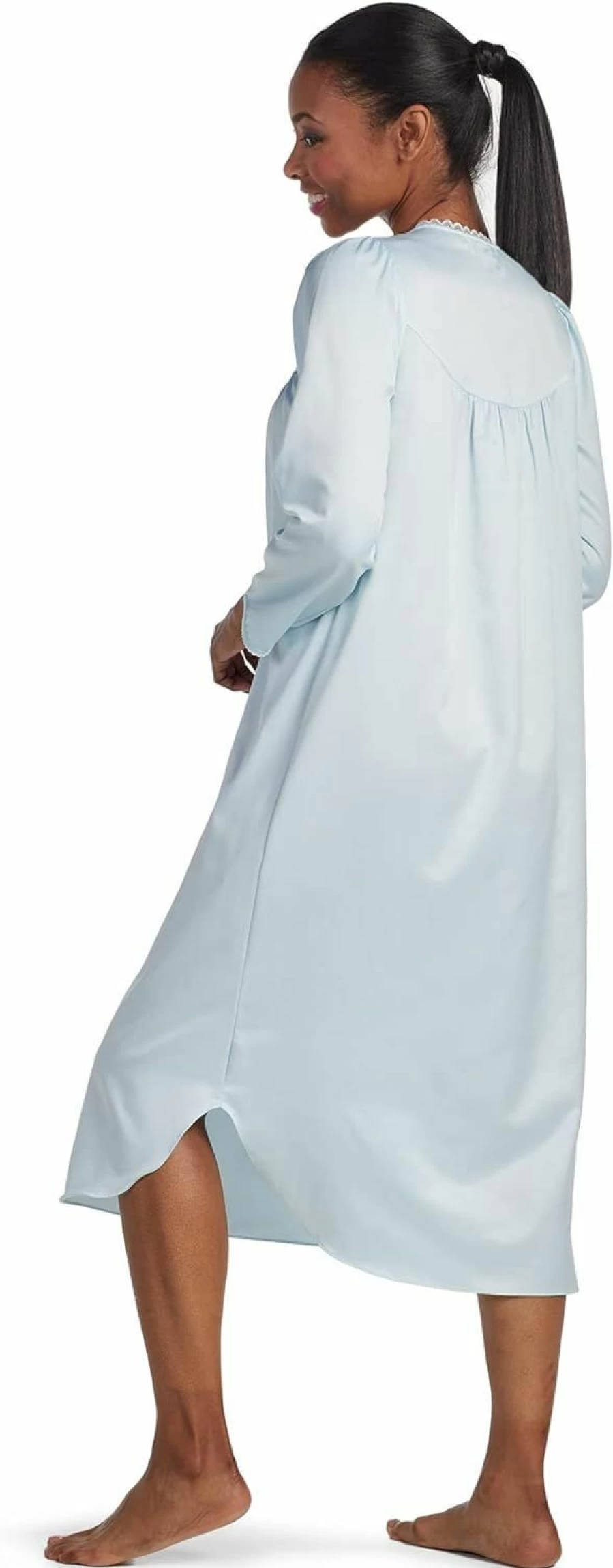 Miss Elaine Brushed Satin Long Nightgown with Button Top & Neckline Details - Women's Elegant Sleepwear & Loungewear Long Sleeve Nightdress