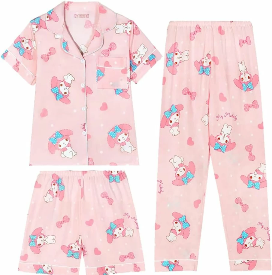 "Cdcpnk Kawaii 3-Piece Pajama Set for Women - Cute Long Sleeve Cardigan & Loose Sleepwear"