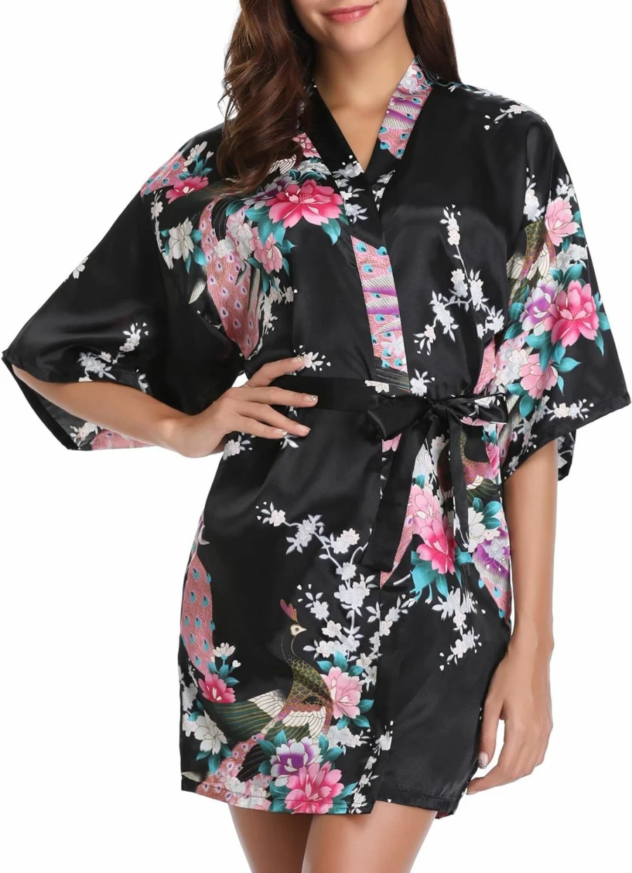 Vlazom Women's Short Satin Kimono Robe - Lightweight Bathrobe and Loungewear for Bridal, Spa, and Home Comfort
