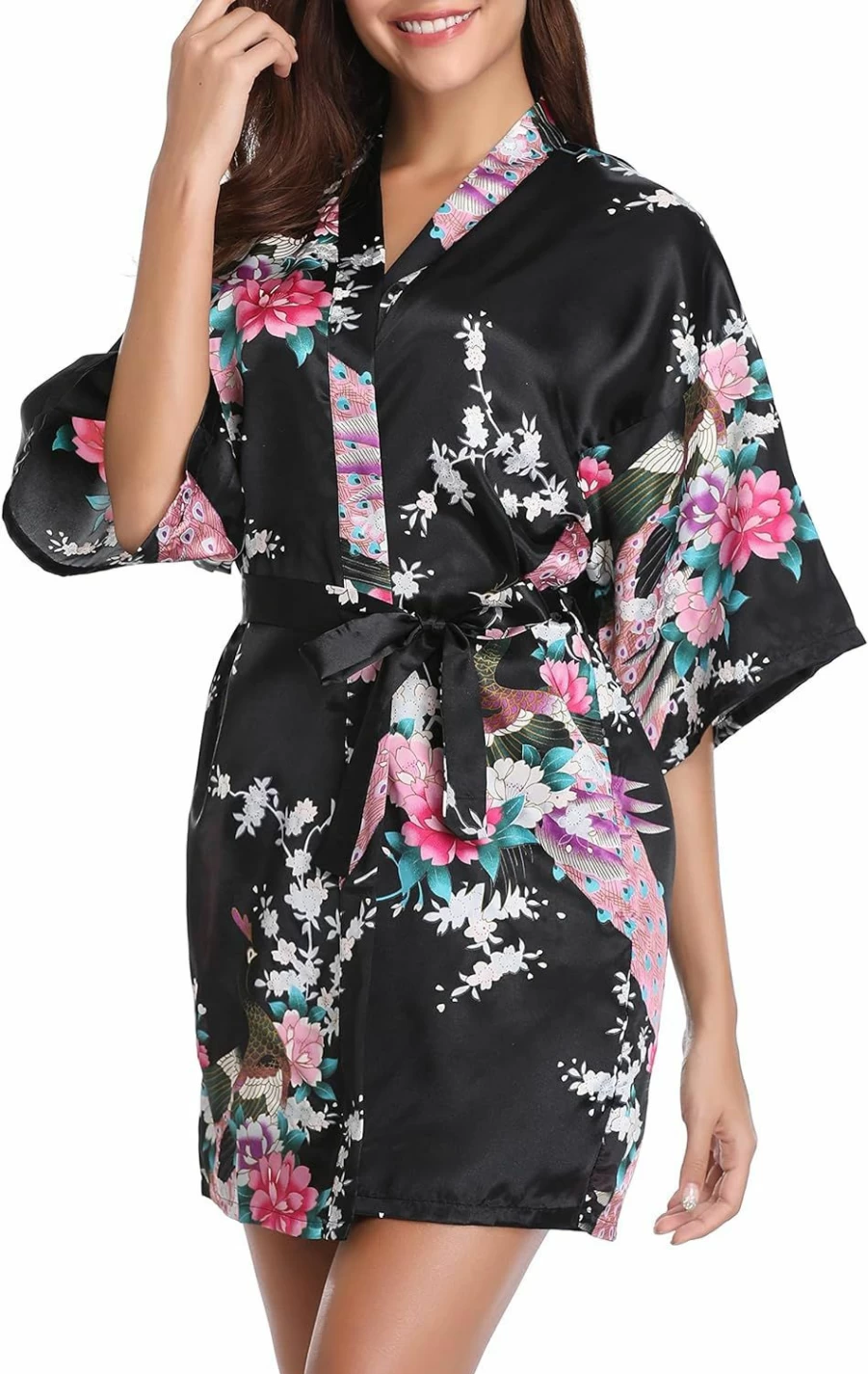 Vlazom Women's Short Satin Kimono Robe - Lightweight Bathrobe and Loungewear for Bridal, Spa, and Home Comfort