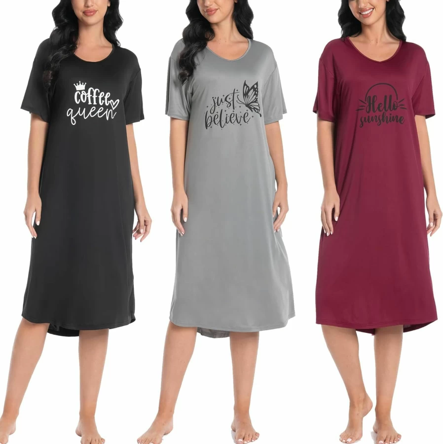 FEREMO Women's Sleepwear Set - 3 Pack Soft Short Sleeve Nightgowns with Stylish Prints