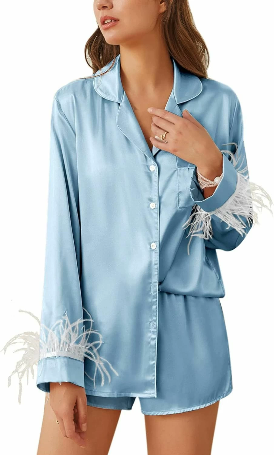 Ekouaer Women's Silk Satin Pajama Set with Removable Feather Trim - Long Sleeve Luxury Sleepwear & Lounge Set for Bridal, Honeymoon, or Special Occasions