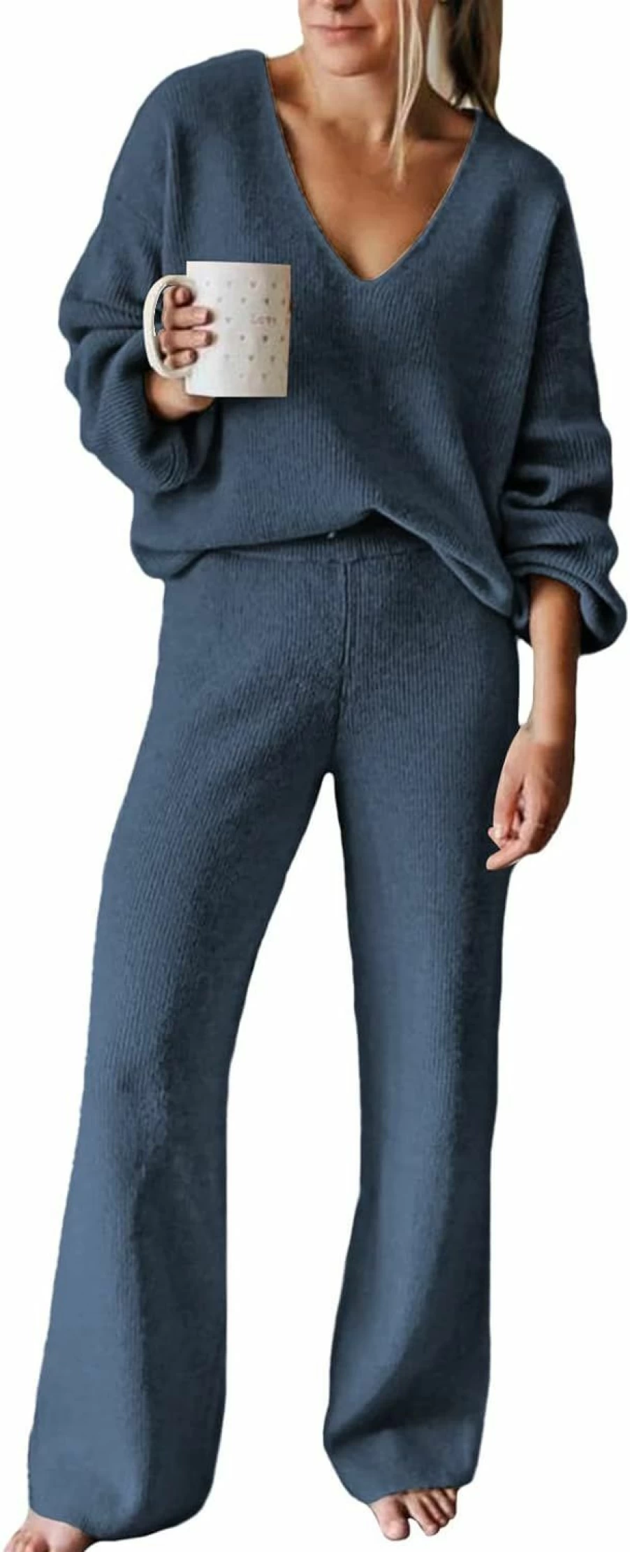 Linsery Women's Rib Knit Sweater and Wide Leg Pants Lounge Set - Comfortable V Neck Sweatsuit for Leisure Wear