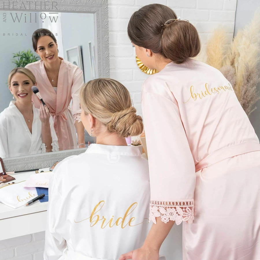 Heather & Willow Satin Bridesmaid Robe - Wedding Day & Bachelorette Party Bridal Robe for Bride and Bridesmaids