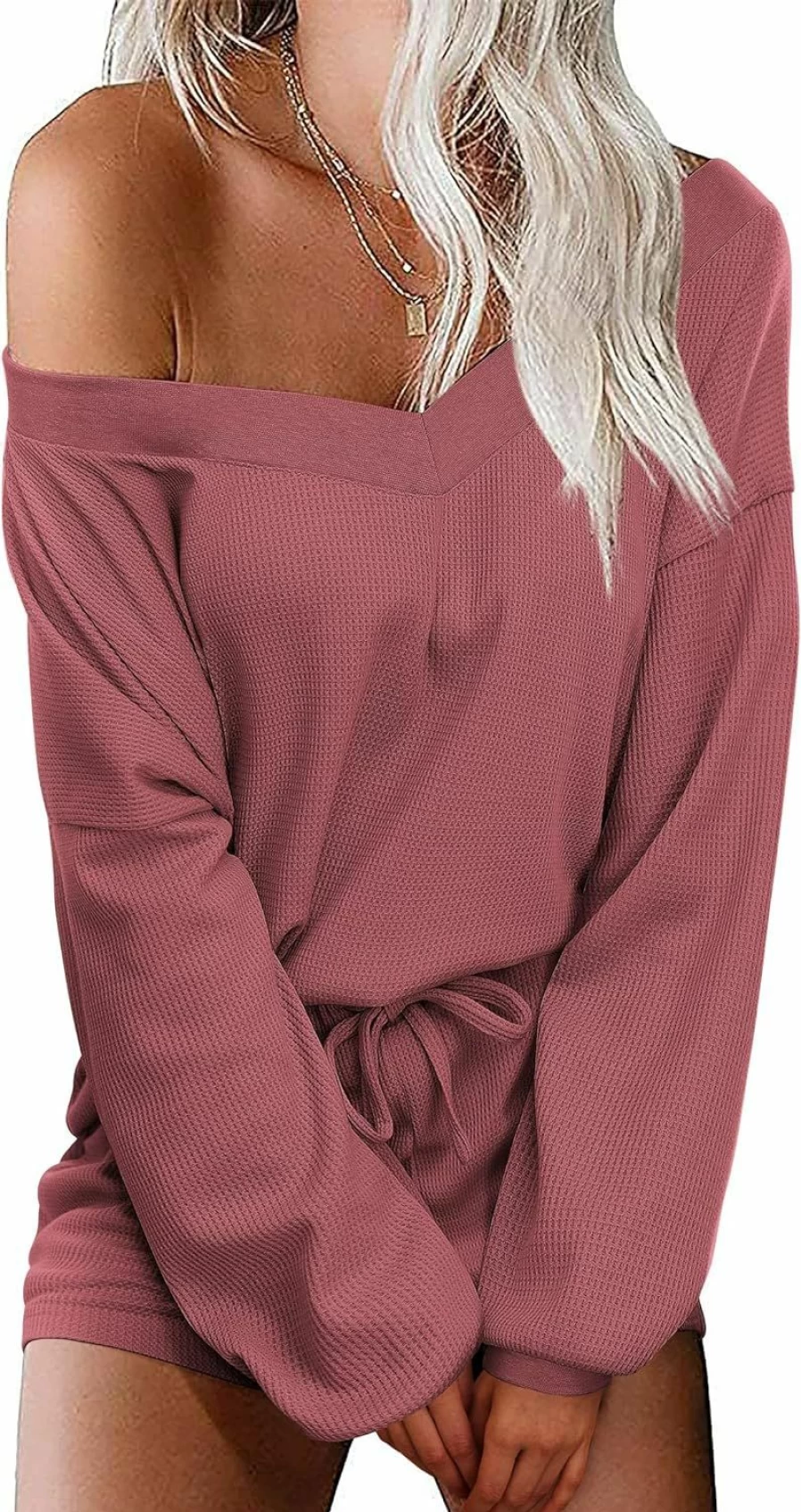 Ekouaer Women's Waffle Knit Pajama Set - Off Shoulder Sleepwear Lounge Set with V-Neck Top and Shorts