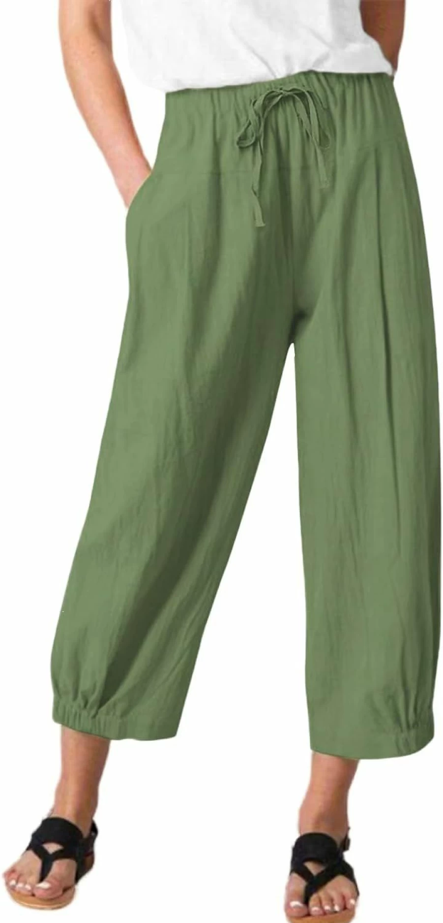 WROLEM Women's High-Waisted Wide Leg Capri Pants with Drawstring, Loose Comfortable Lounge Yoga Cropped Pants, Paper Bag Waist with Pockets