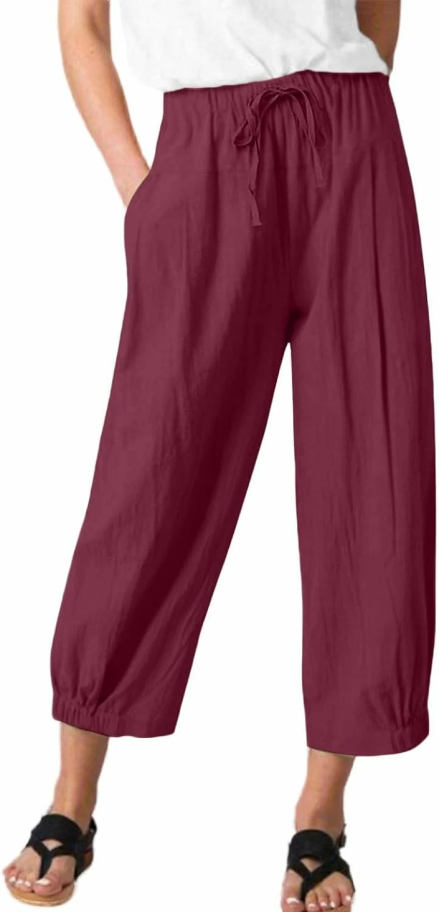 WROLEM Women's High-Waisted Wide Leg Capri Pants with Drawstring, Loose Comfortable Lounge Yoga Cropped Pants, Paper Bag Waist with Pockets