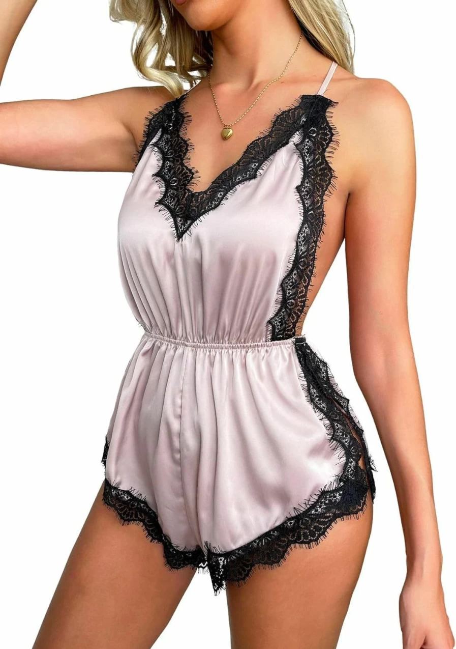 Verdusa Women's Floral Lace Trim Chemise Nightgown - High Cut Lingerie Romper for Sleepwear