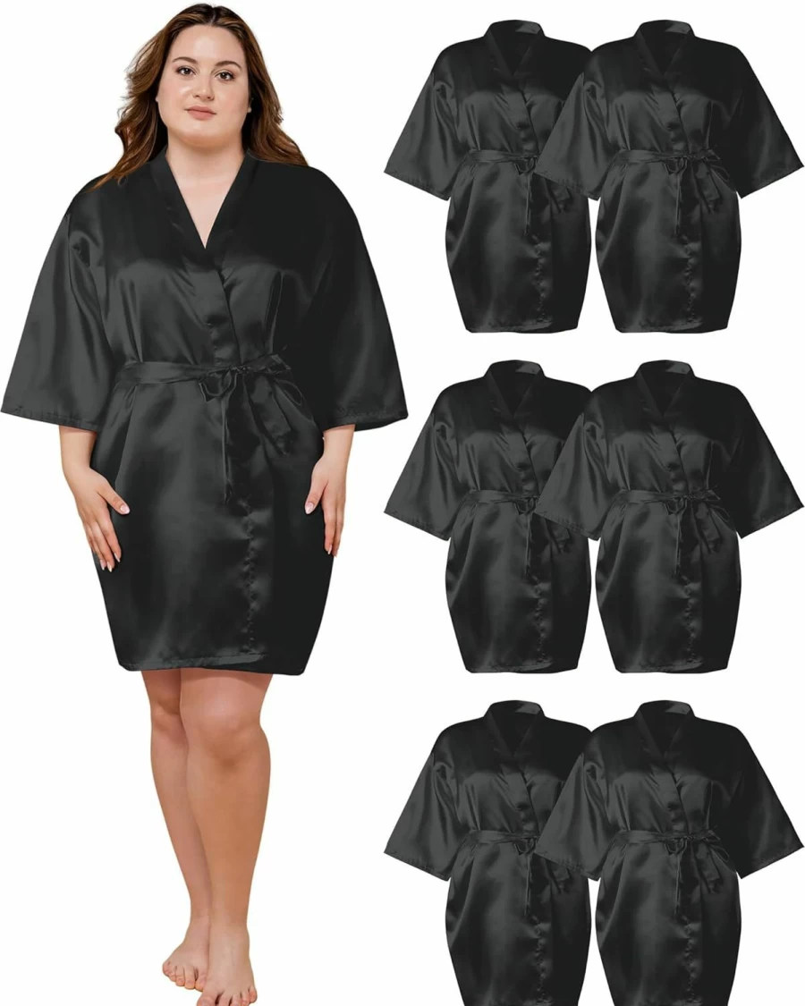 Xtinmee Women's Plus Size Satin Kimono Robe - 6 Pcs Sleepwear Short Bathrobe for Bridesmaid, Wedding Party, and Lounge Wear - 3XL Silk Dressing Gown