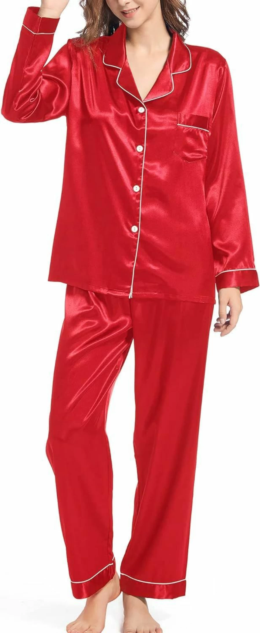 Fivali Women's Silk Satin Pajama Set - Long Sleeve Button-Down Sleepwear & Loungewear in S-XXL