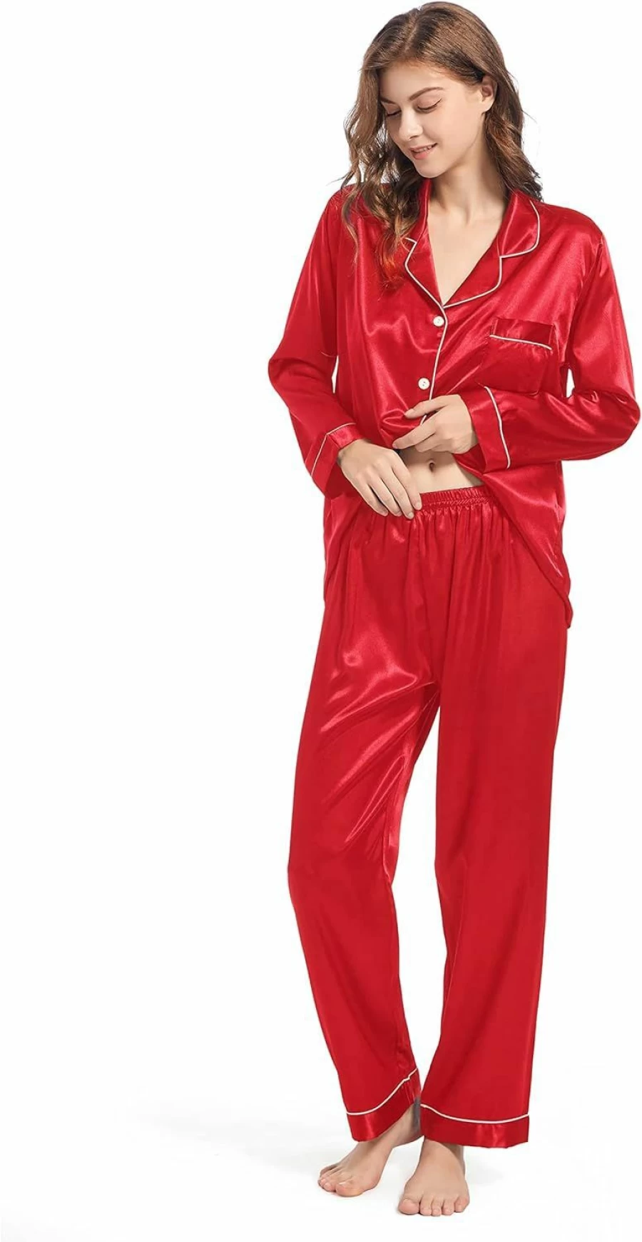 Fivali Women's Silk Satin Pajama Set - Long Sleeve Button-Down Sleepwear & Loungewear in S-XXL