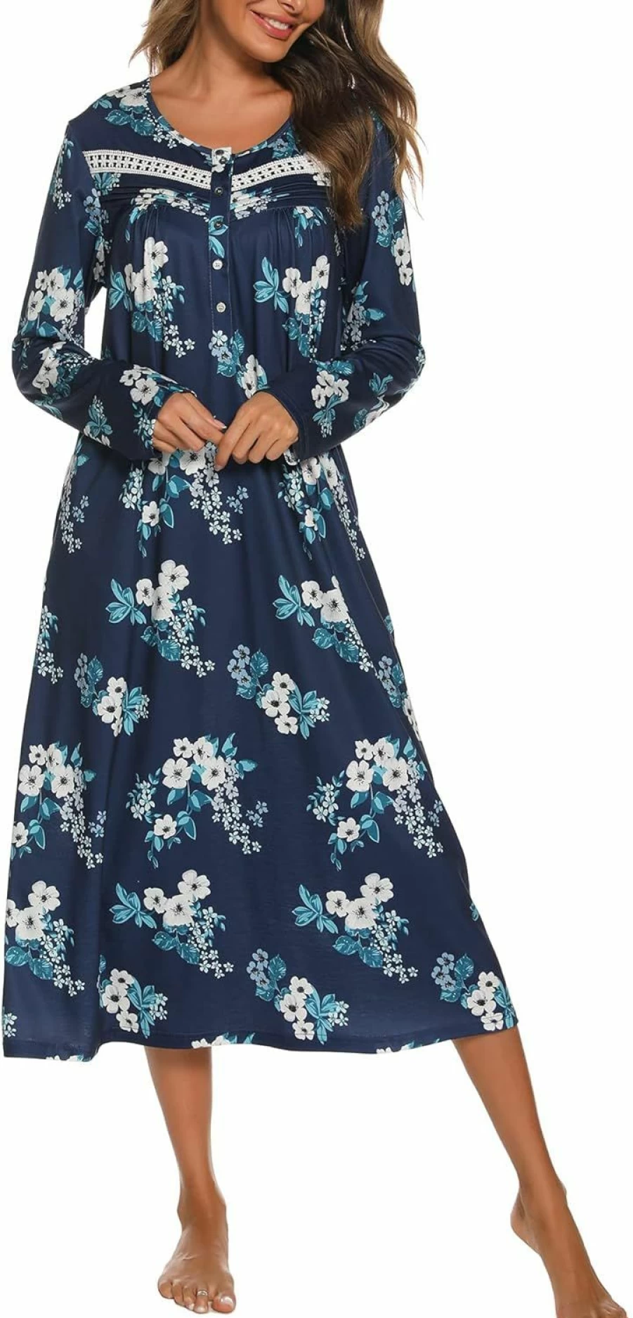 YOZLY Women's Soft Cotton Long Sleeve Nightgown with Pockets - Comfortable Sleepwear for Women