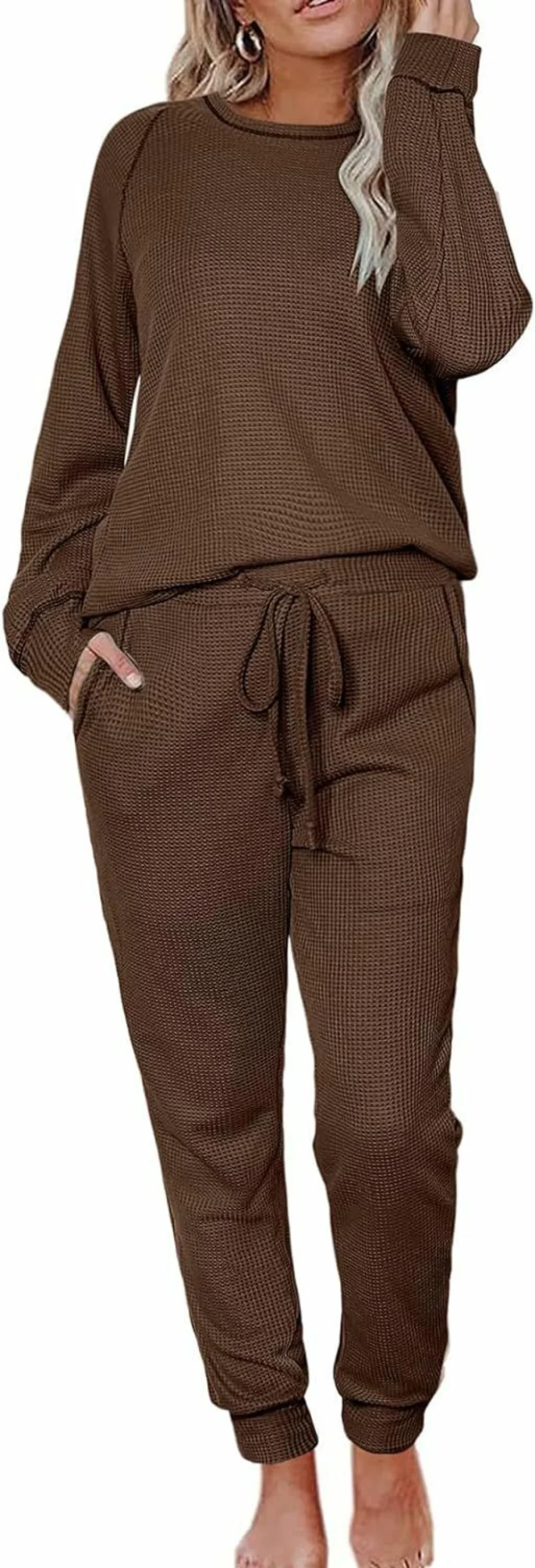 Becotal Women's Waffle Knit Pajama Set - 2 Piece Lounge Outfit with Pockets, Comfortable Sleepwear & Loungewear Top and Pants