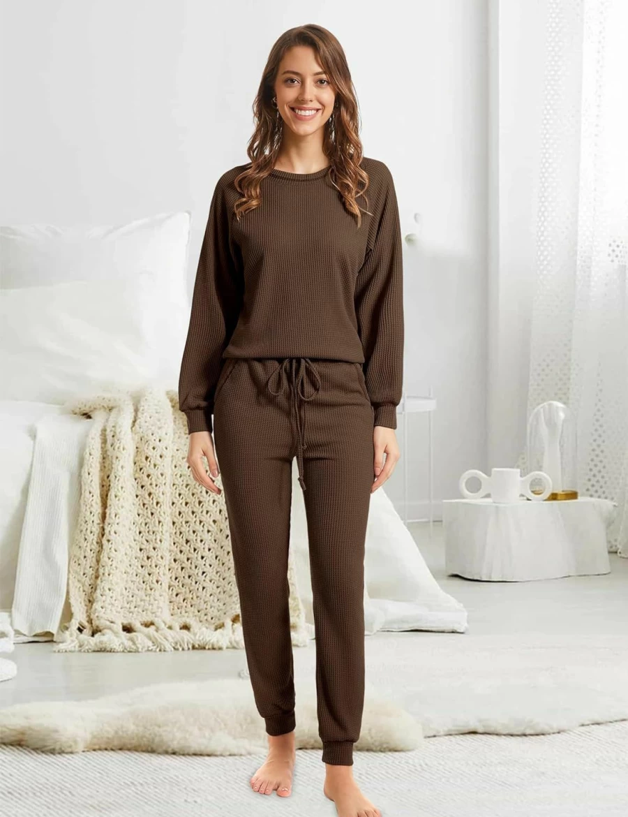 Becotal Women's Waffle Knit Pajama Set - 2 Piece Lounge Outfit with Pockets, Comfortable Sleepwear & Loungewear Top and Pants