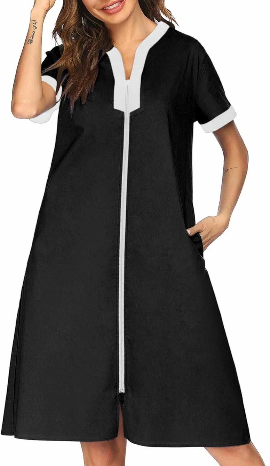 Ekouaer Women's Short Sleeve Housecoat - Zipper Front Duster Robe with Pockets, Casual Lounge Dress for Nightwear, Sizes S-XXXL
