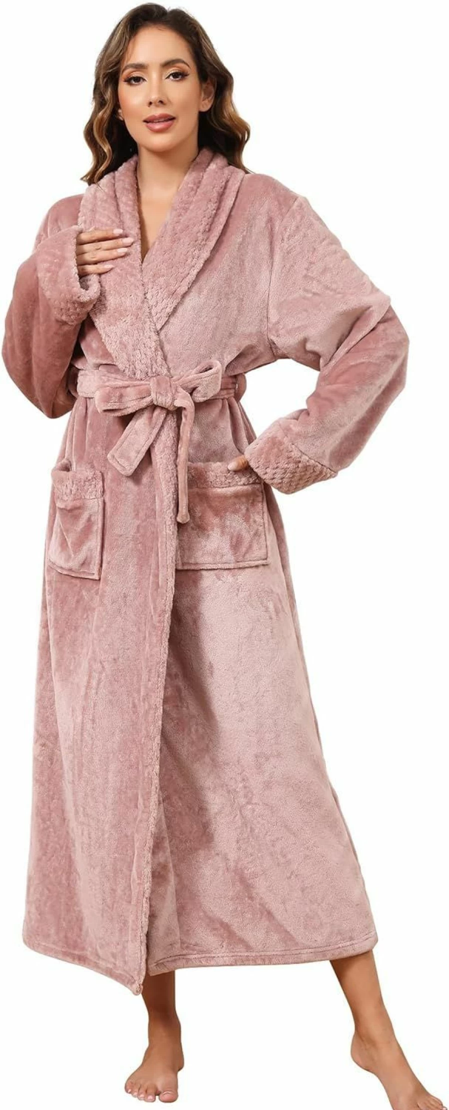 Artfasion Women's Winter Fleece Robe - Soft Long Flannel Bathrobe with Pockets, Warm Floor-Length House Coat