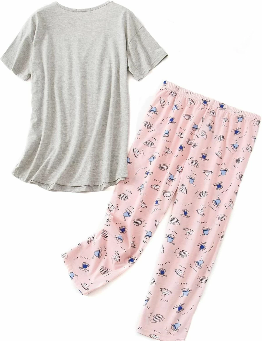 American Trends Women's Cartoon Print Short Sleeve Pajama Set - Sleepshirt & Capri Pants Two-Piece Sleepwear