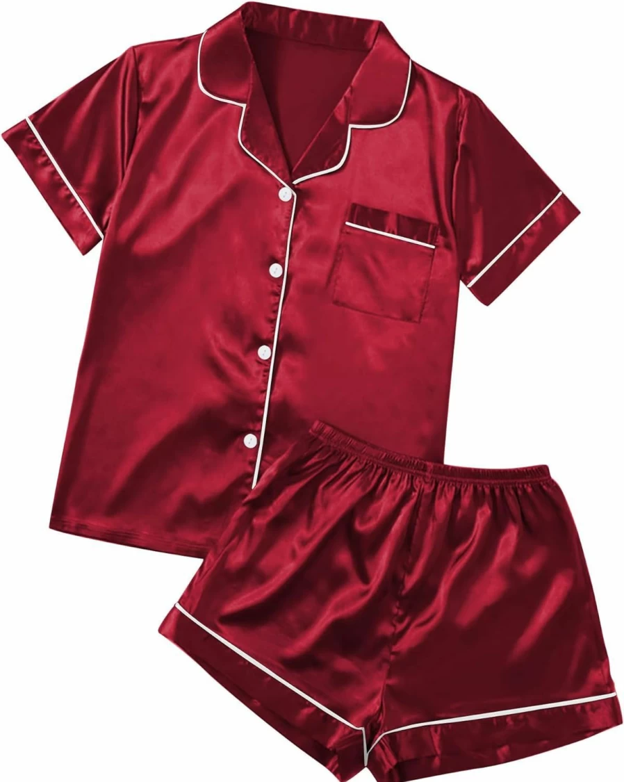 Ekouaer Women's Satin Pajama Set - Short Sleeve Button Down Sleepwear & Lounge Shorts in Soft Silk-Like Fabric (Sizes S-XXL)