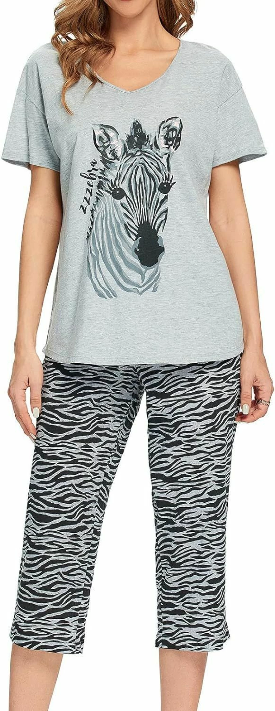 Lu's Chic Women's Cotton Pajama Set - Comfy Capri Sleepwear Short Sleeve Two-Piece PJS