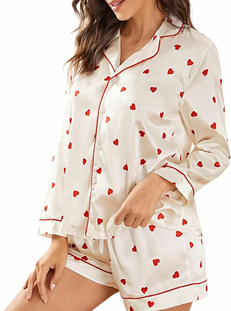 Yiulangde Women's Satin Pajama Set - Y2K Silk Pjs with Long Sleeve Button Down Shirt & Lounge Shorts