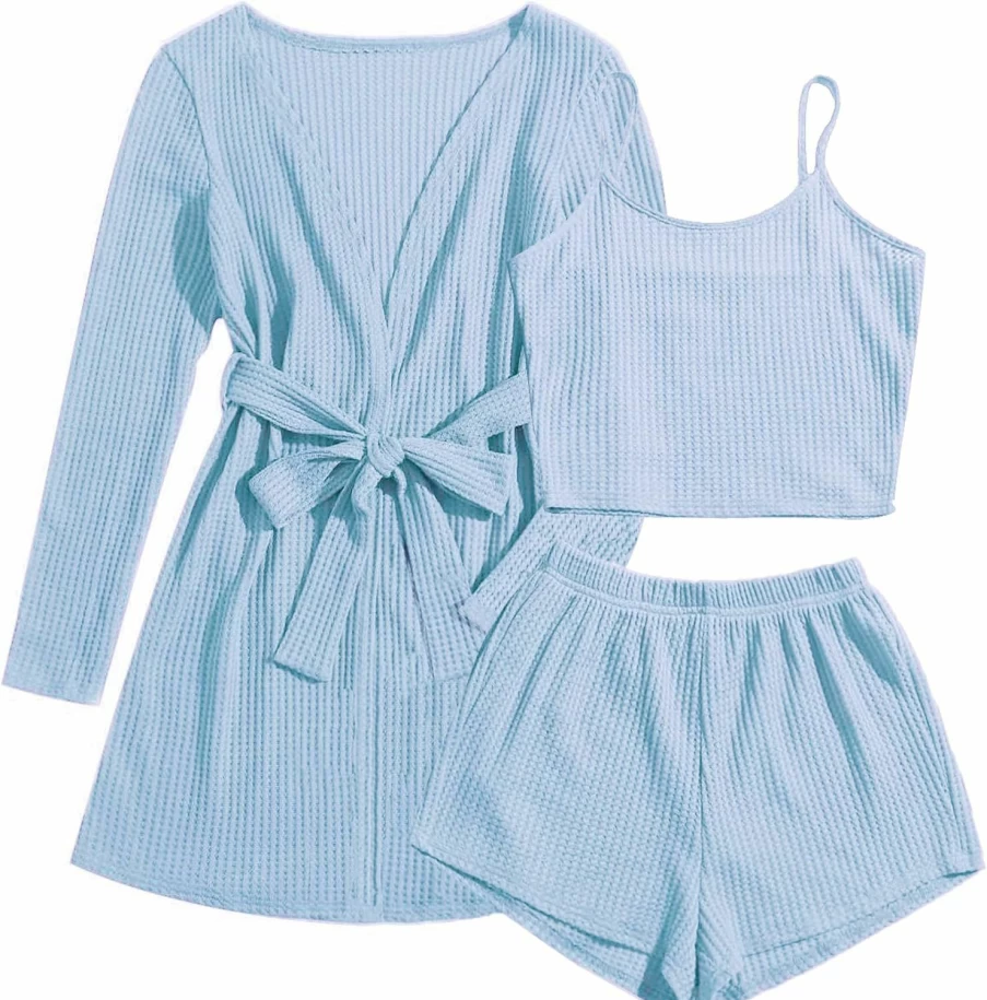 Ekouaer Women's 3-Piece Waffle Knit Lounge Set - Soft Pajama Set with Tank Top, Shorts & Long Cardigan with Pocket (S-XXL) Comfortable Loungewear