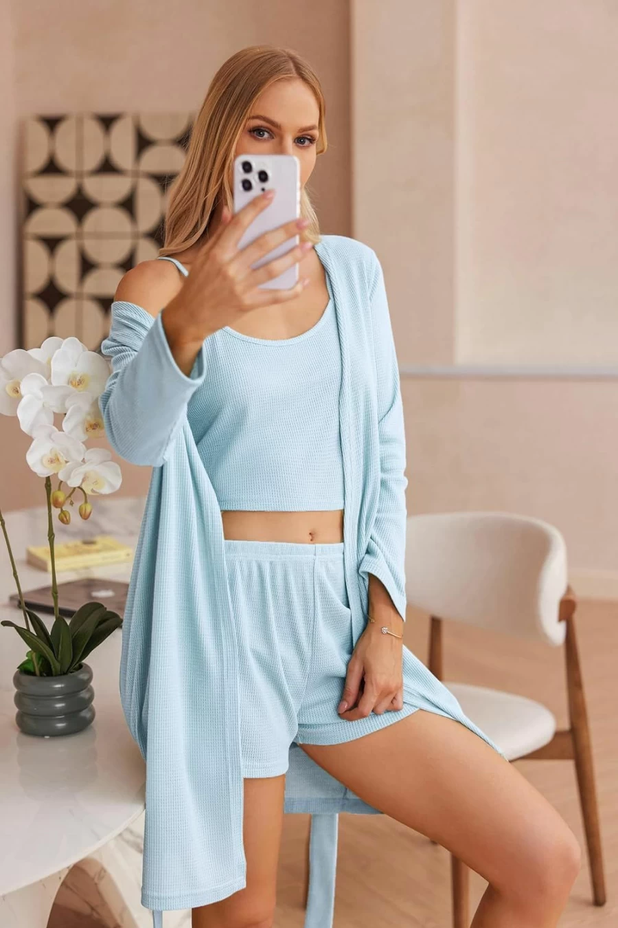 Ekouaer Women's 3-Piece Waffle Knit Lounge Set - Soft Pajama Set with Tank Top, Shorts & Long Cardigan with Pocket (S-XXL) Comfortable Loungewear