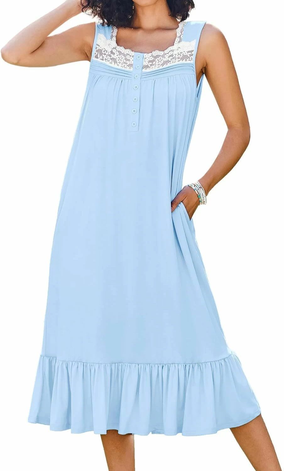 Ekouaer Women's Victorian Lace Trim Sleepshirt - Long Sleeveless Nightgown with Pockets & Button Up Design, Sizes S-XXXL