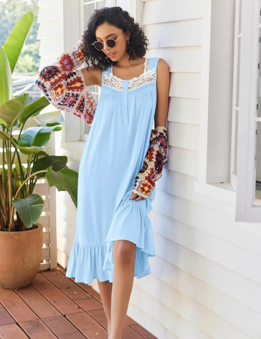 Ekouaer Women's Victorian Lace Trim Sleepshirt - Long Sleeveless Nightgown with Pockets & Button Up Design, Sizes S-XXXL