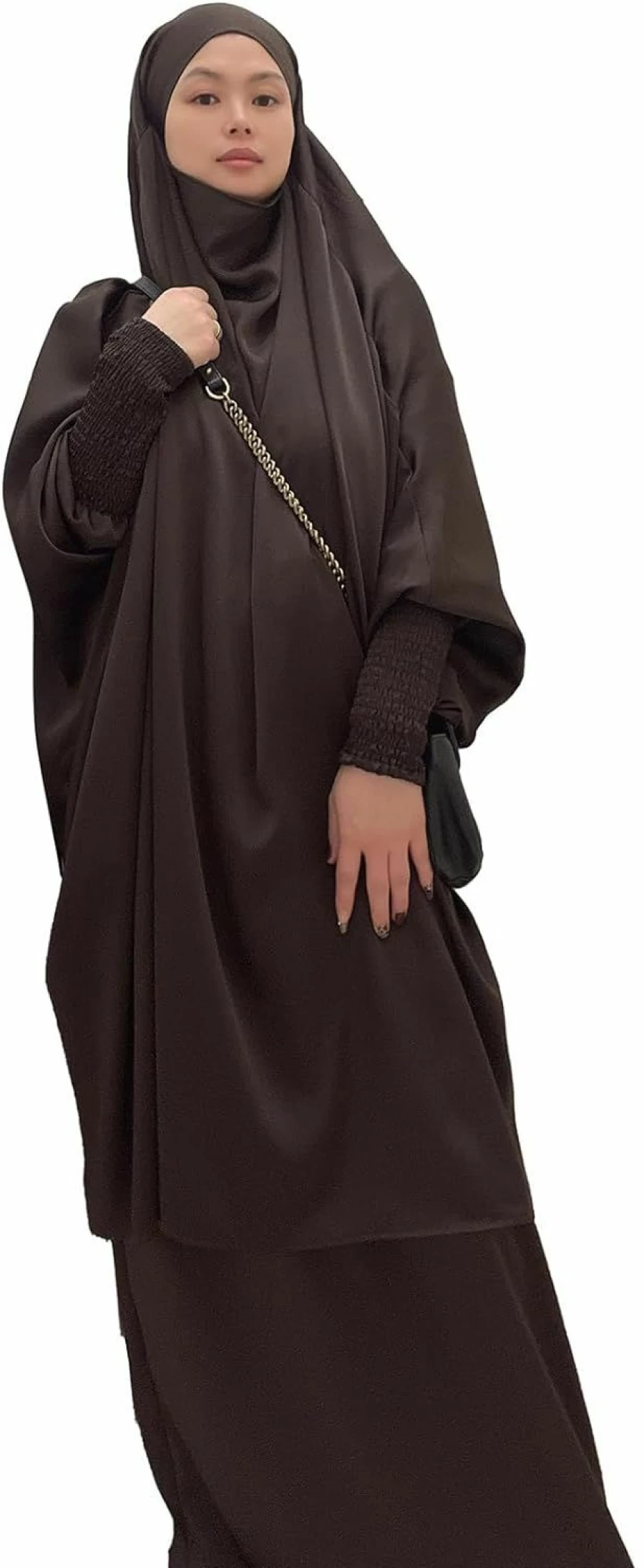 Zofocy Muslim Women's Two-Piece Abaya Set - Modest Prayer Dress with Elastic Sleeves, Full Cover Islamic Robe for Prayer