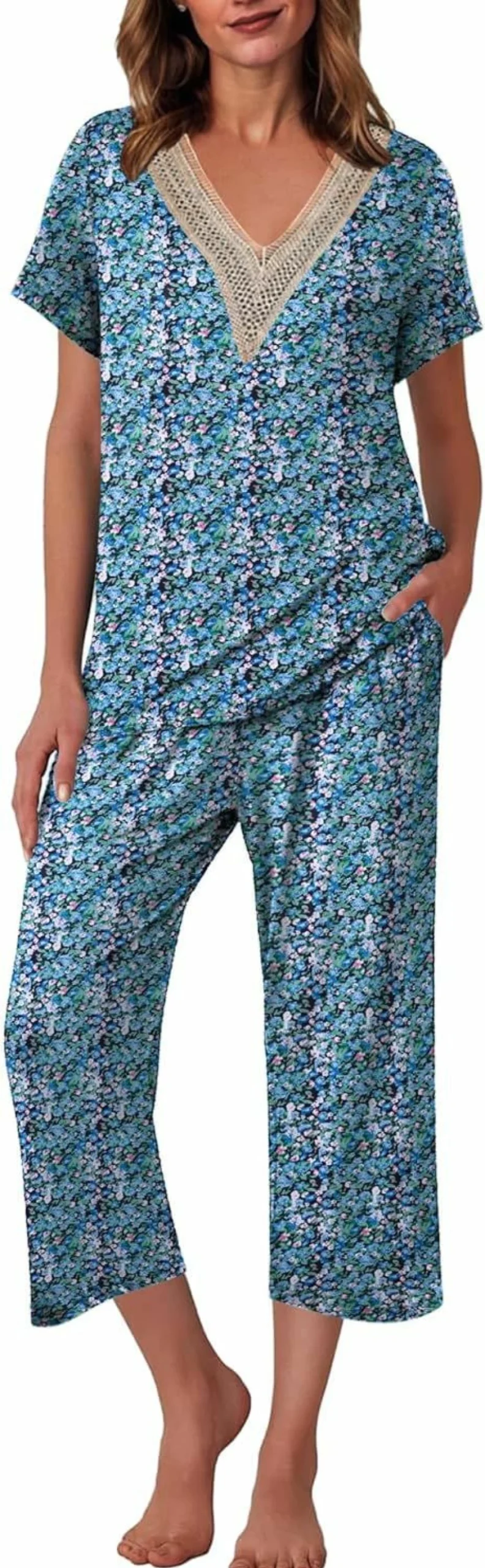 Ekouaer Women's Soft Loungewear Set - Short Sleeve V-Neck Sleepshirt & Capri Pants Pajama Set (S-XXL) Comfortable Breathable Sleepwear