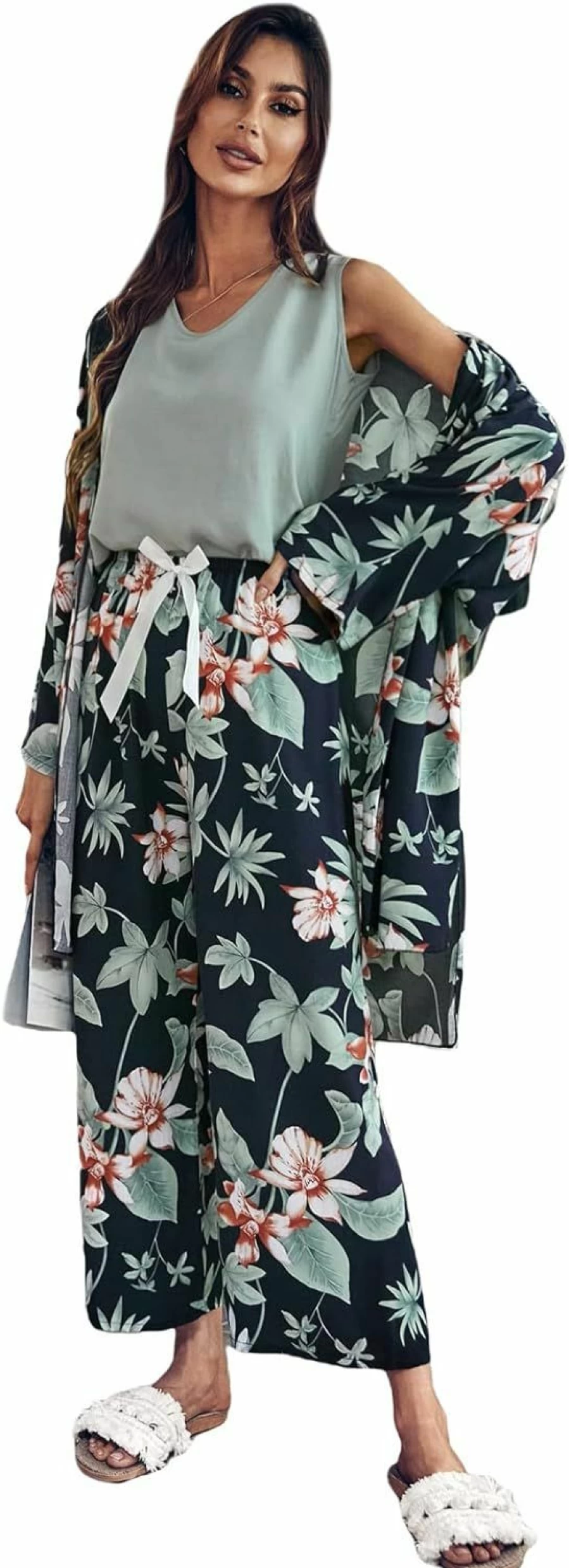 WDIRARA Women's Leaf Print Pajama Set - 3 Piece Sleepwear with Cami, Pants & Robe