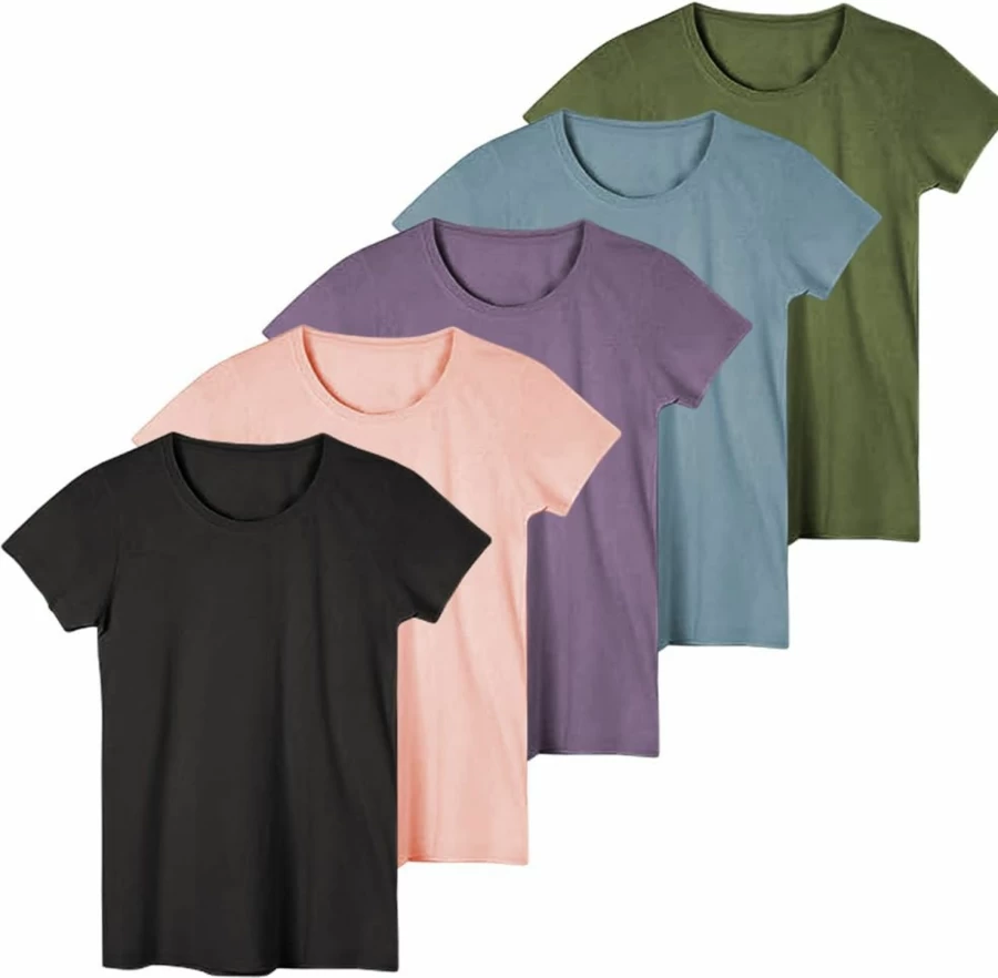 Sexy Basics Women's 5 Pack Crew Neck T-Shirts - Soft Stretch Short Sleeve Tees for Workout, Yoga, Activewear & Lounge