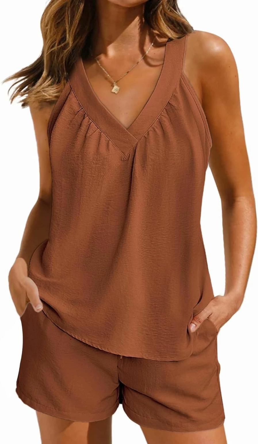 Ekouaer Women's Soft V-Neck Cami Pajama Set with Shorts & Pockets - Summer Sleepwear & Lounge Outfit