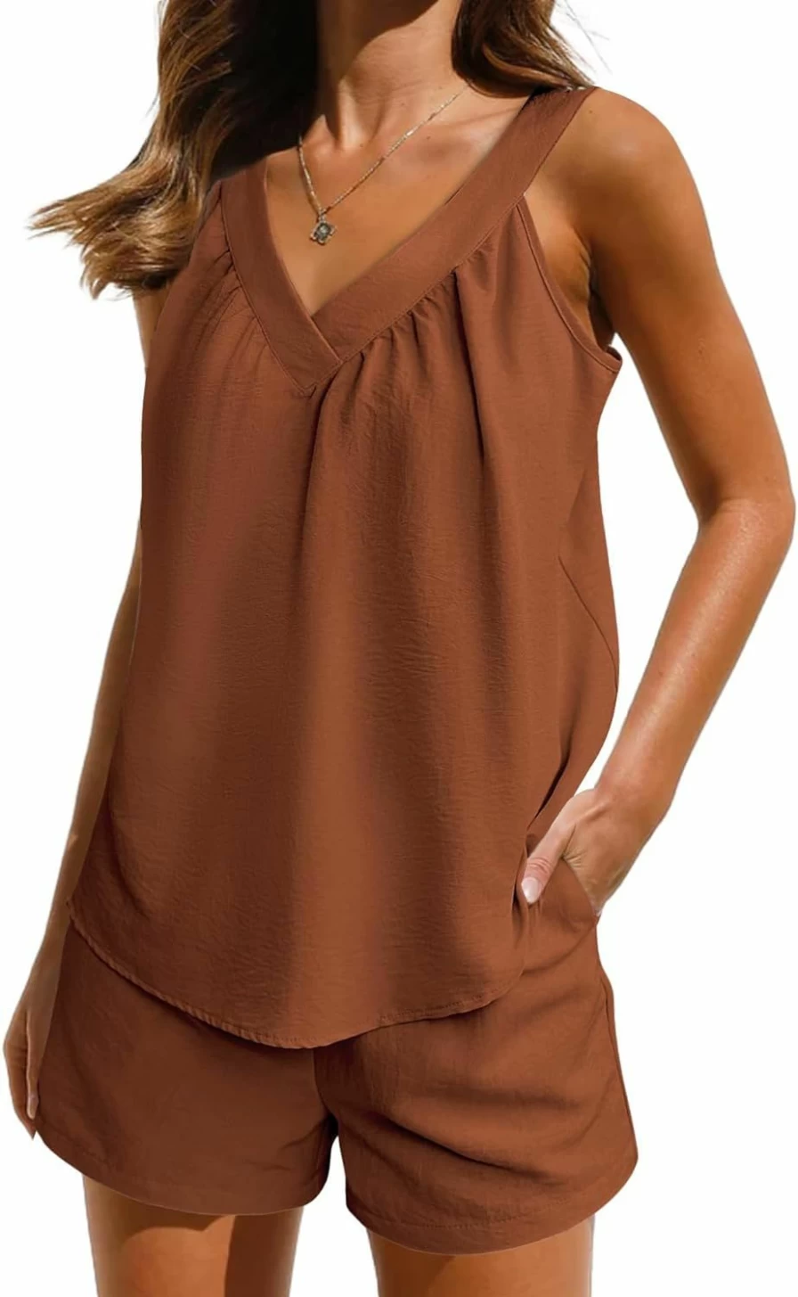 Ekouaer Women's Soft V-Neck Cami Pajama Set with Shorts & Pockets - Summer Sleepwear & Lounge Outfit