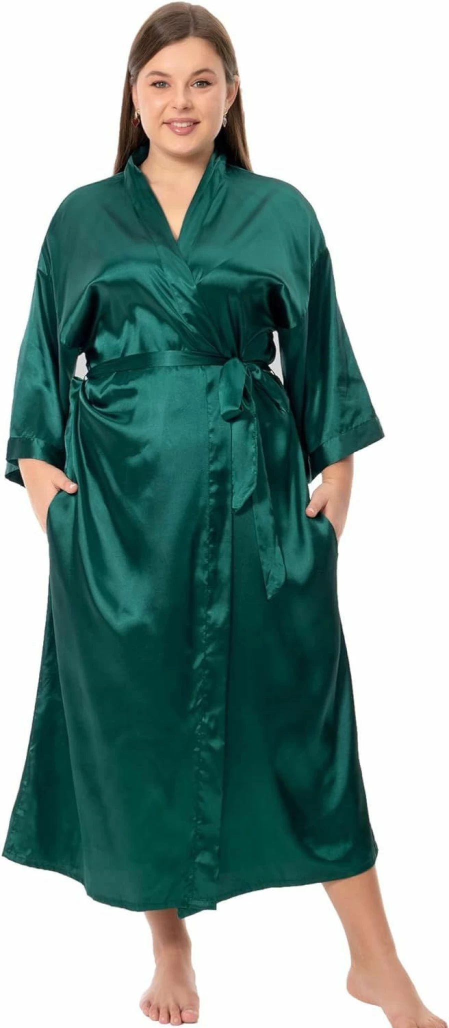 Feslieacc Women's Plus Size Long Satin Robe - Elegant Silk Kimono Sleepwear & Dressing Gown for Comfort