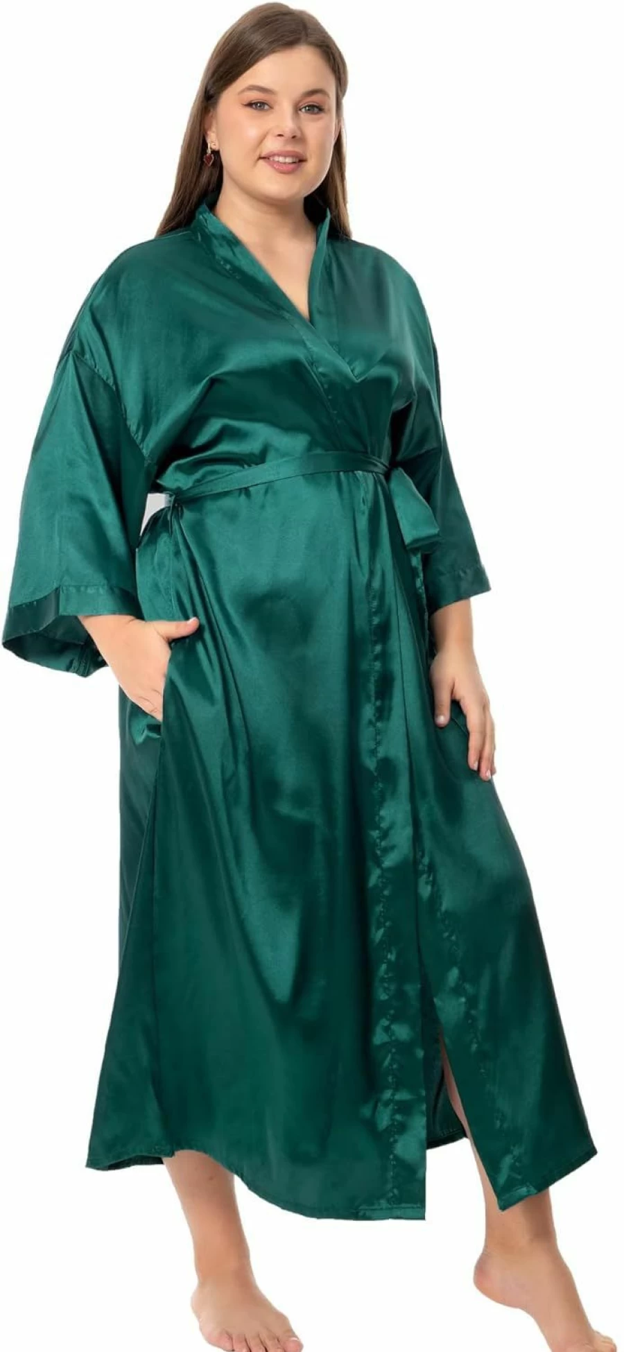 Feslieacc Women's Plus Size Long Satin Robe - Elegant Silk Kimono Sleepwear & Dressing Gown for Comfort