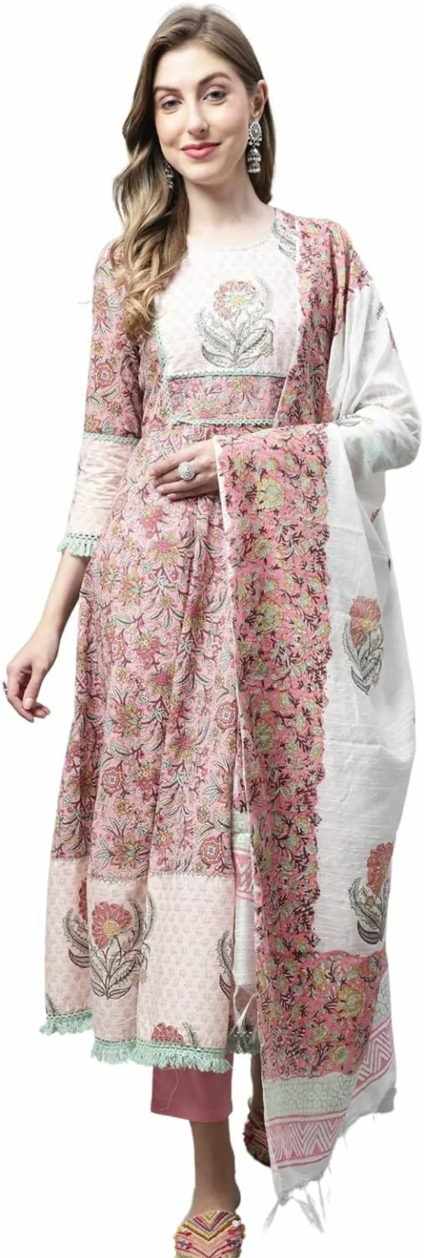 Rajnandini Women's Light Pink Pure Cotton Jaipuri Printed Embroidered Kurta Set with Dupatta | Traditional Indian Ethnic Wear