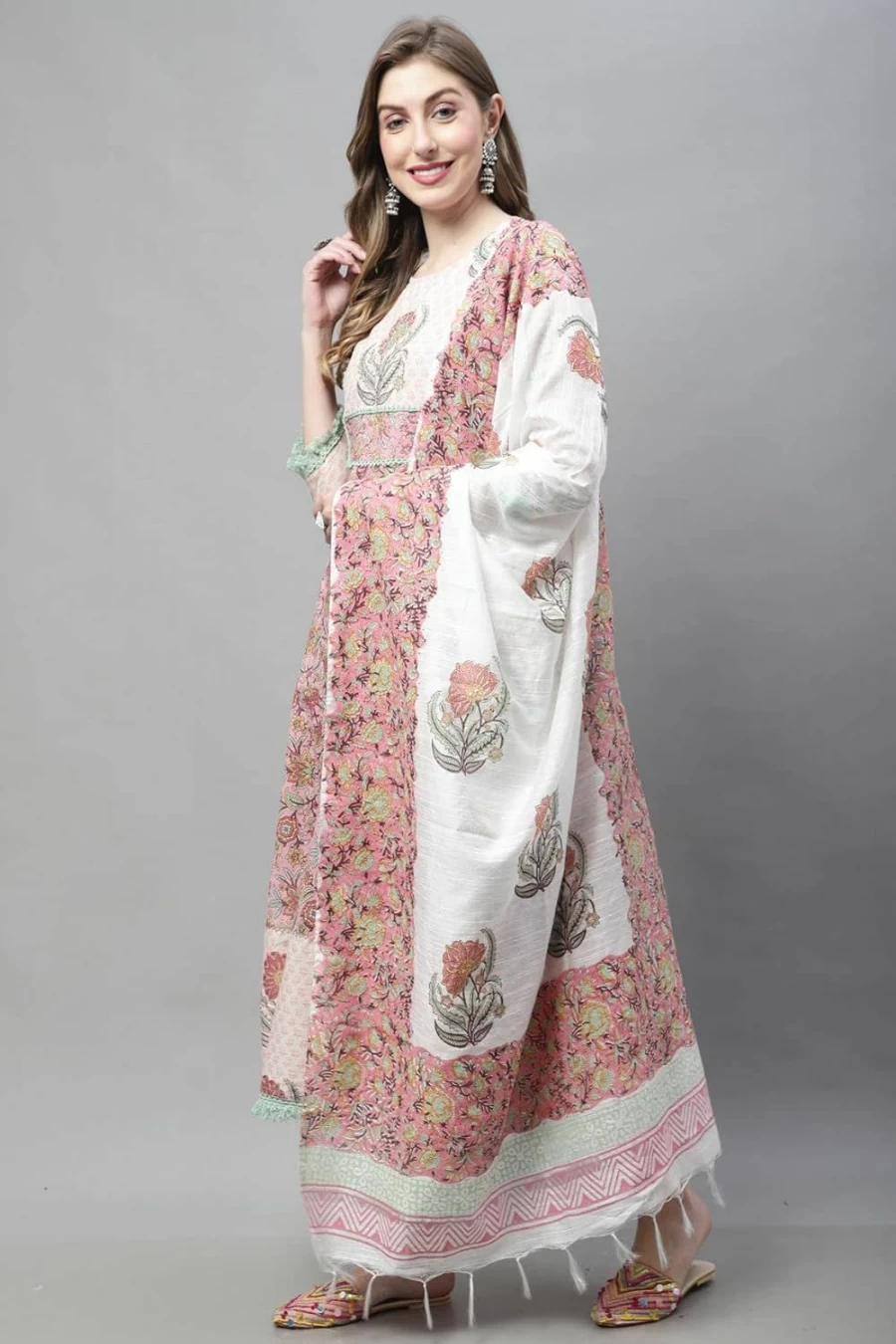 Rajnandini Women's Light Pink Pure Cotton Jaipuri Printed Embroidered Kurta Set with Dupatta | Traditional Indian Ethnic Wear