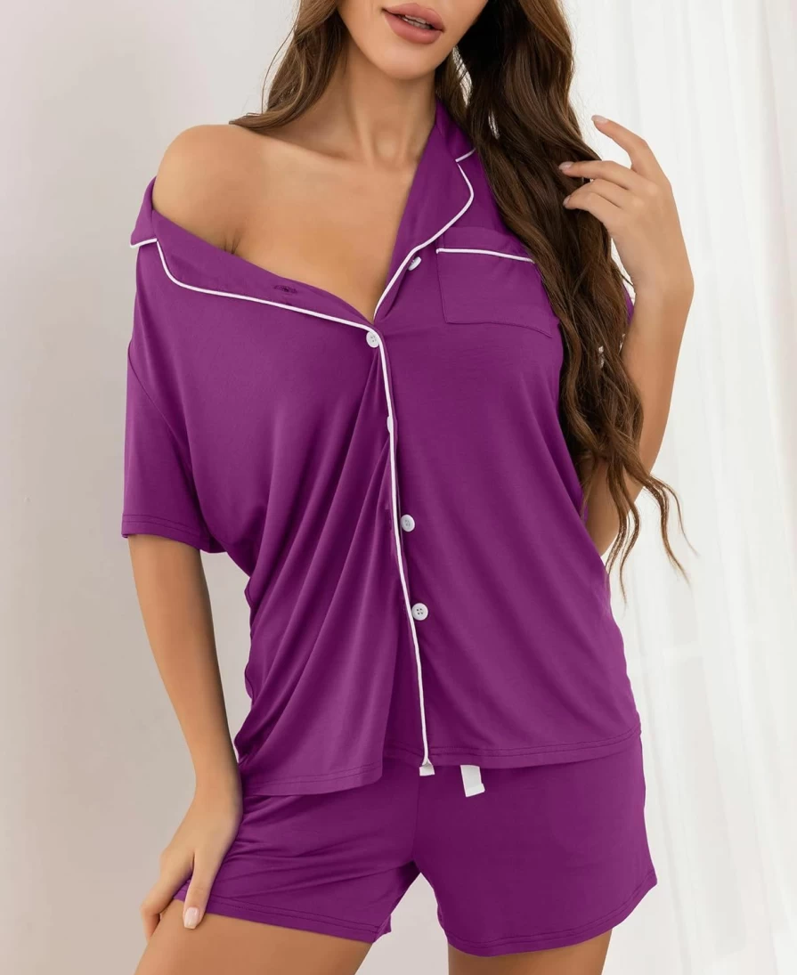 HNG Women's 2-Piece Pajama Set - Short Sleeve Comfortable Lounge Sleepwear for Postpartum & Nightwear