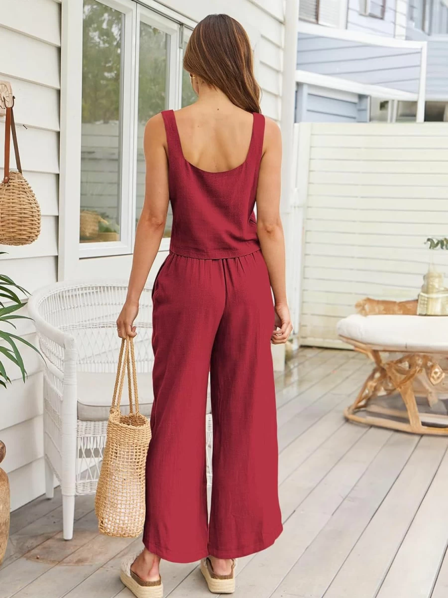 AUTOMET Women's Linen Matching Set - Summer 2024 Casual Lounge Outfit with Crop Top & Long Pants