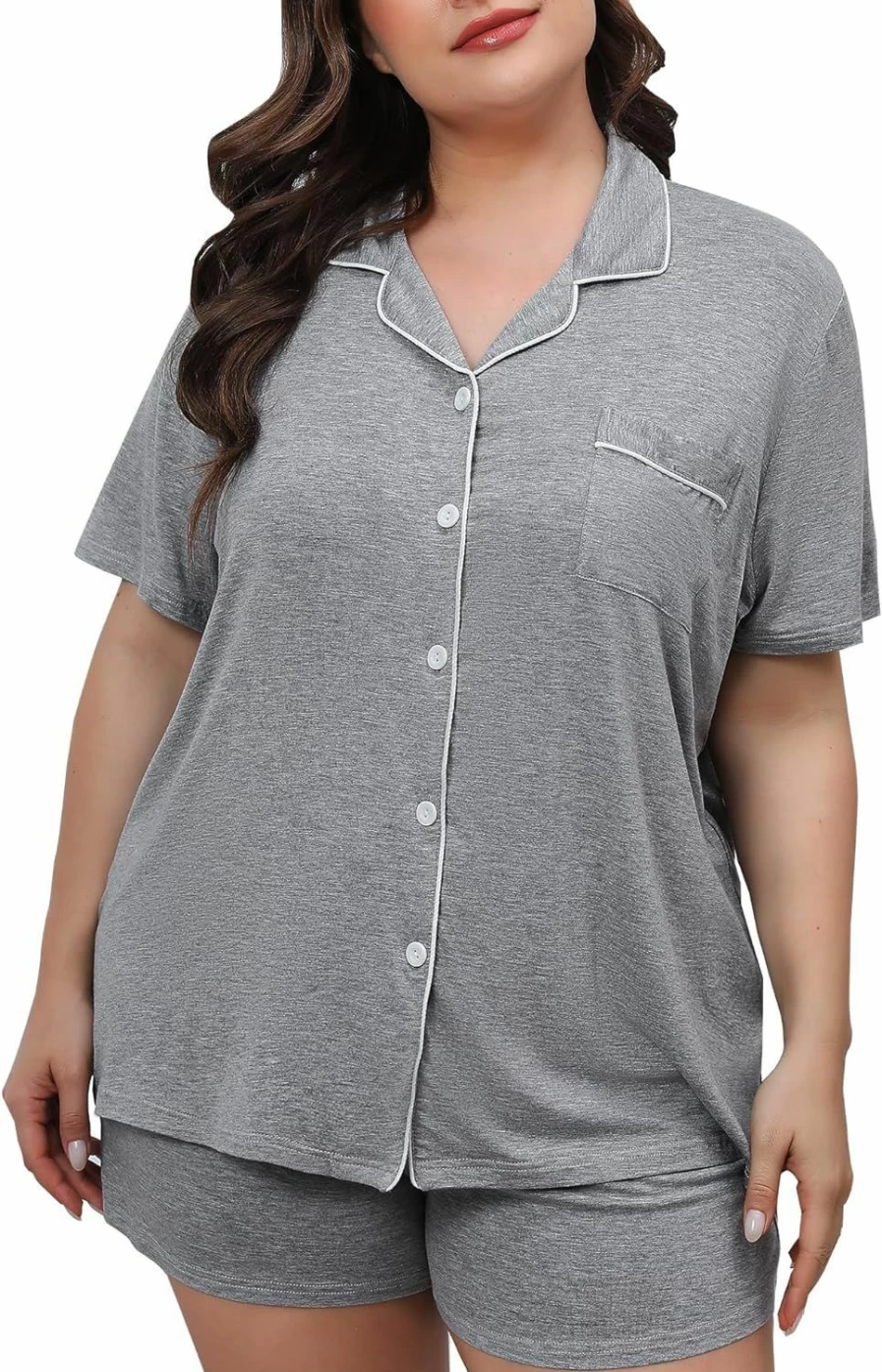 SWOMOG Plus Size Women's Pajama Set - Soft Short Sleeve Button Down Top & Lounge Shorts with Pockets 2-Piece Sleepwear