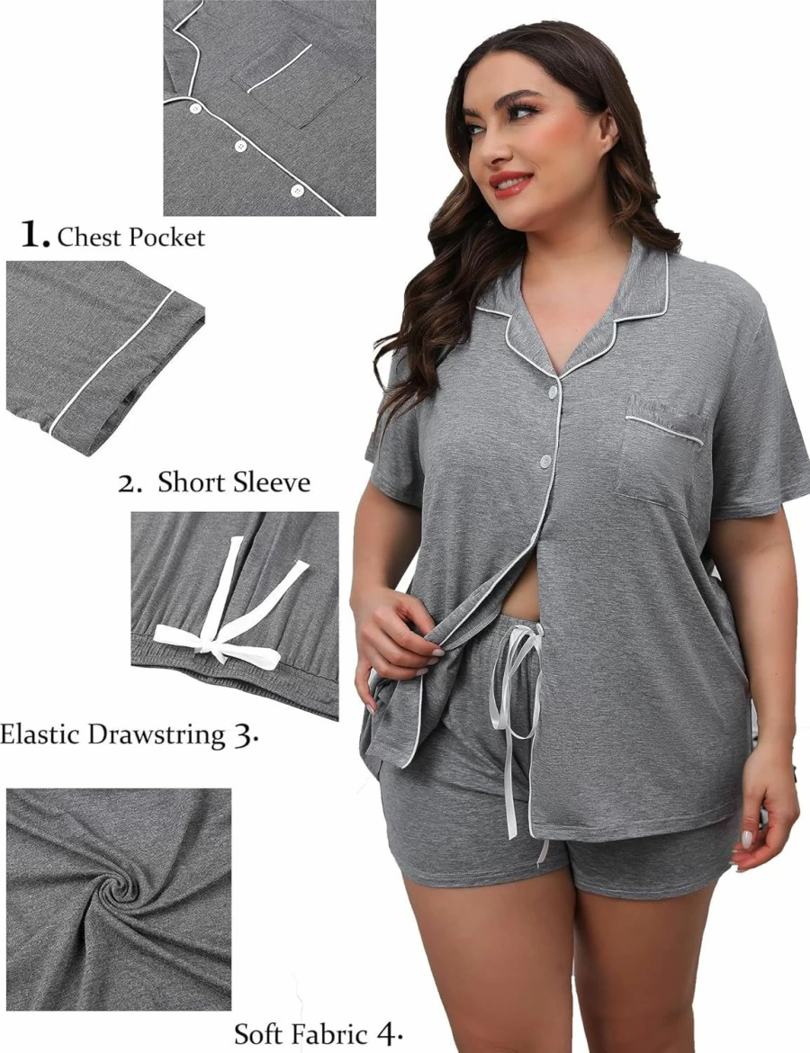 SWOMOG Plus Size Women's Pajama Set - Soft Short Sleeve Button Down Top & Lounge Shorts with Pockets 2-Piece Sleepwear