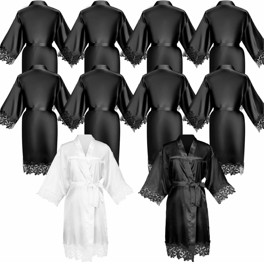 Chuarry Women's Satin Kimono Robe - Short Bridesmaid & Bride Lace Trim Robe for Wedding, Birthday Party - 10 Pcs Set
