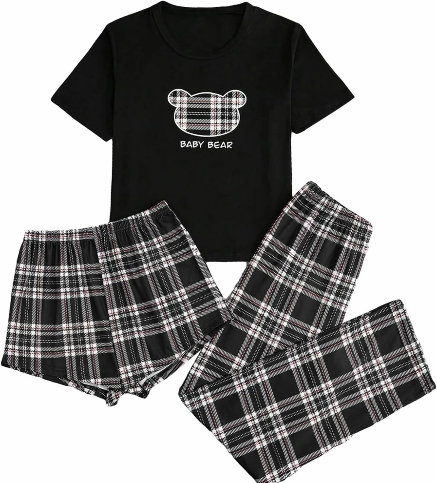 WDIRARA Women's Cow Print Pajama Set - Short Sleeve Top & Shorts 3-Piece Sleepwear