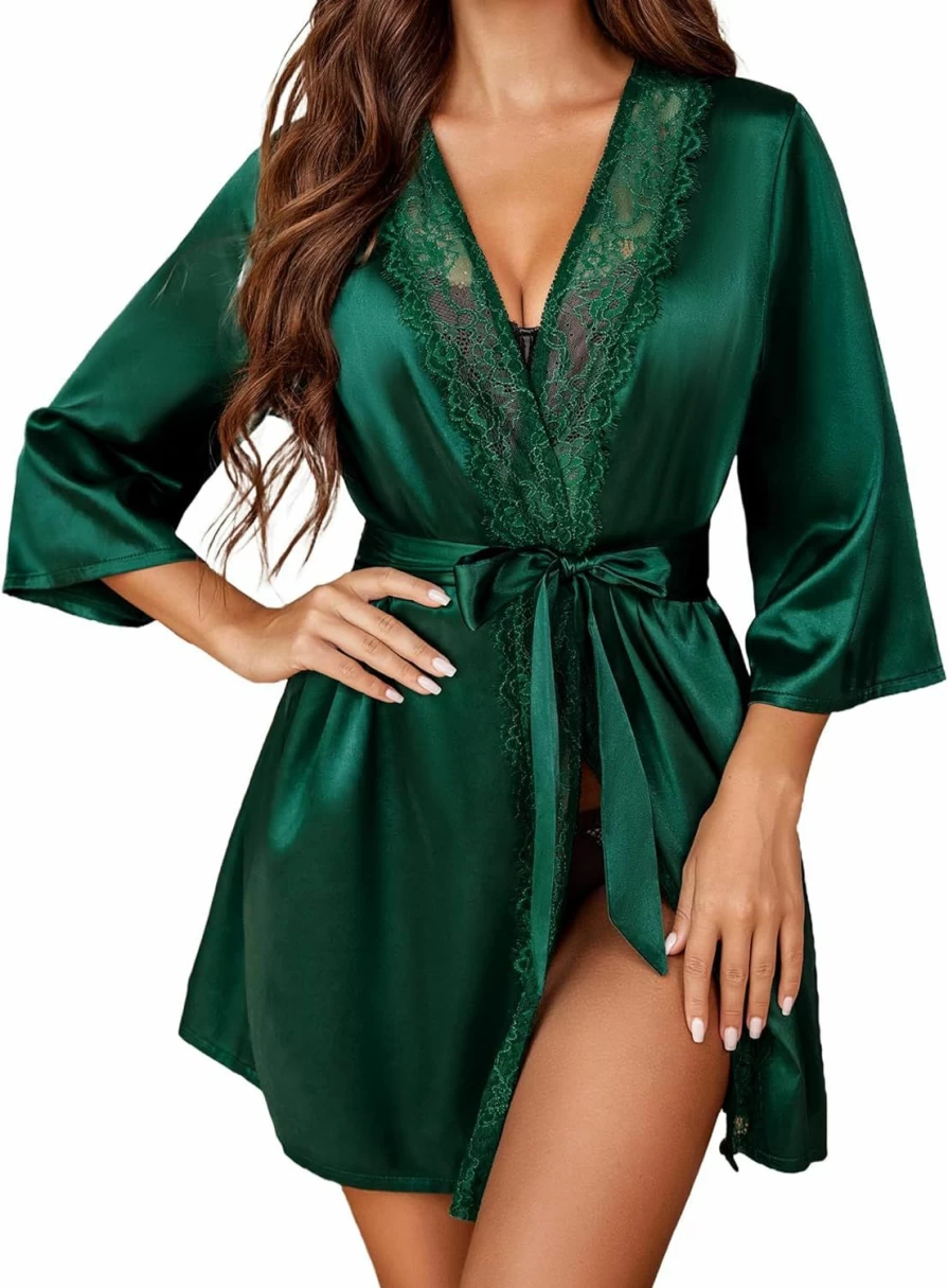 ADOME Women's Short Satin Kimono Robe - Lightweight Silky Lounge Robe for Women