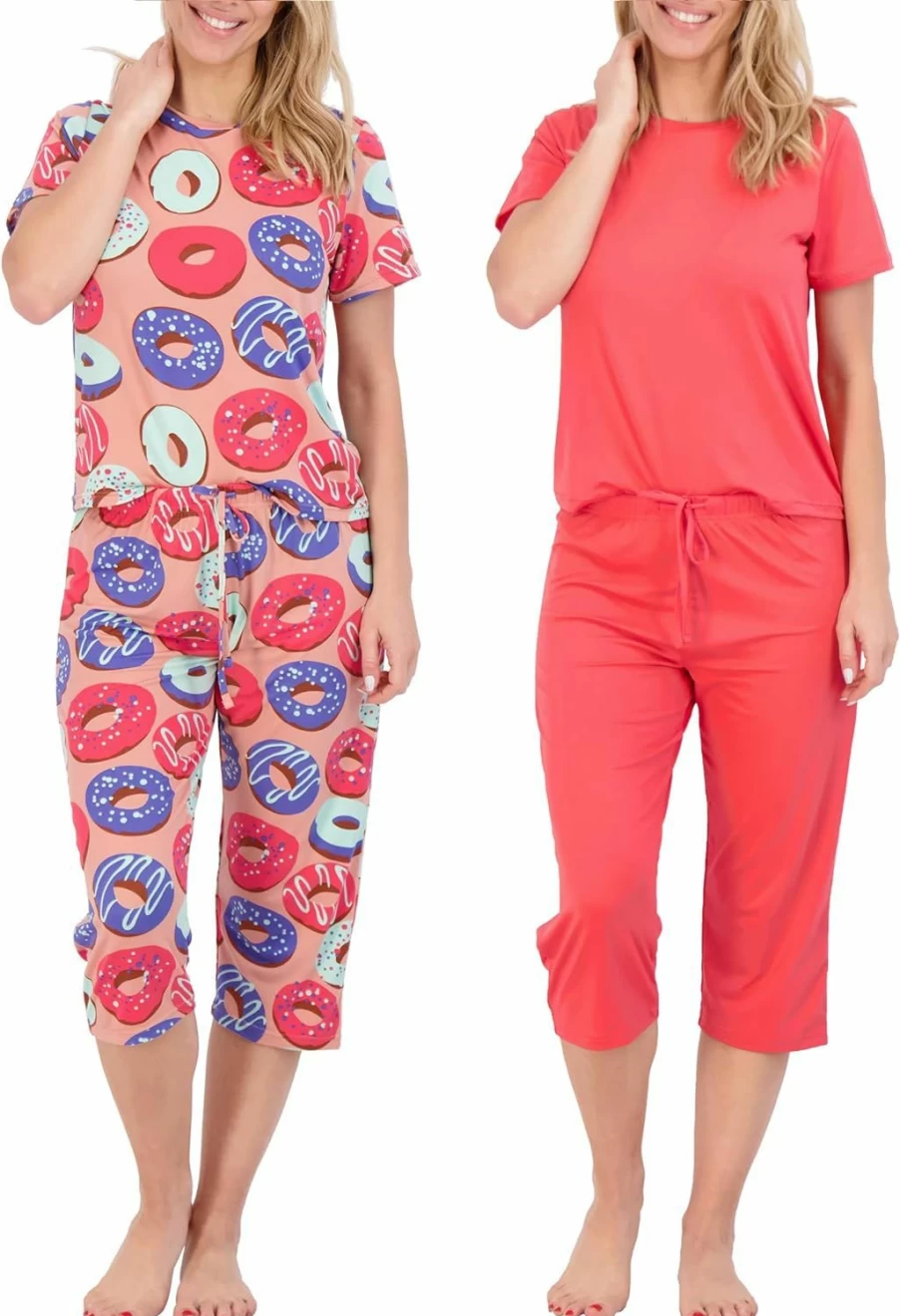 Real Essentials Women's Plus Size 2-Piece Pajama Set - Short Sleeve Sleepshirt & Capri Lounge Pants for Comfortable Sleepwear